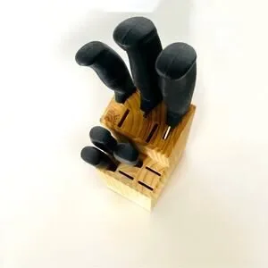 Light Tan Brown Wooden Knife Block Black Plastic Handle Steel Knives Set Kitchen
