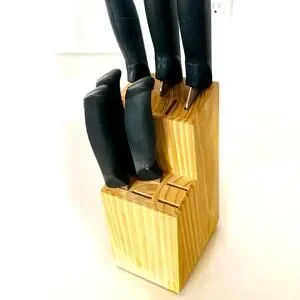 Light Tan Brown Wooden Knife Block Black Plastic Handle Steel Knives Set Kitchen