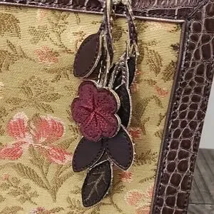 Liz Claiborne Floral Tapestry W/ Faux Alligator Leather And Charm Bag Purse