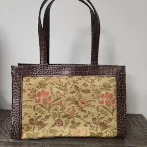 Liz Claiborne Floral Tapestry W/ Faux Alligator Leather And Charm Bag Purse