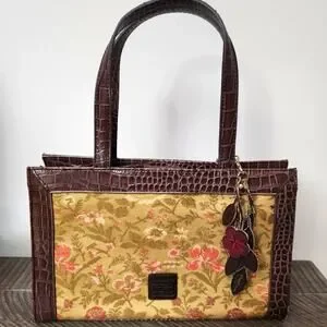 Liz Claiborne Floral Tapestry w/ faux alligator leather and charm Bag Purse