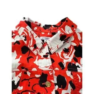 Liz Claiborne NY Floral Print Denim Jacket Pockets Red/Black/White Size 16