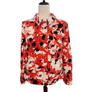 Liz Claiborne NY Floral Print Denim Jacket Pockets Red/Black/White size 16