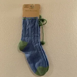LL Bean Maine Winter Socks Womens Sz L-XL Acrylic/Wool-Blend Blue Pom Pom‎
