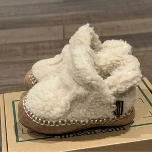 LL Bean Toddler Sherpa Fleece Suede Cozy Slipper Booties Beige Size 3/4 EUC