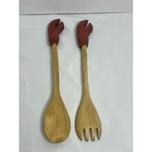 Lobster Claw Wood Salad Servers Fork & Spoon Hand Carved Hand Painted
