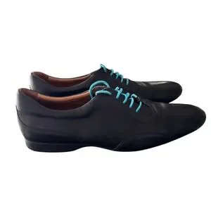 LodinG Mens Black Leather Blue Laces Closed Lacing Oxfords Shoes Size 11