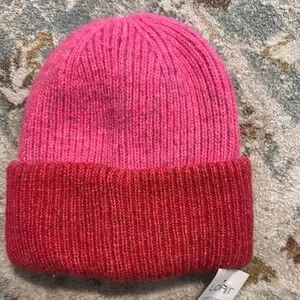 LOFT Pink And Red Knit Beanie Hat