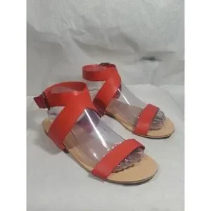 Loft Size 9M Red Faux Leather Open Toe Criss Cross Strap Stack Heel Sandals