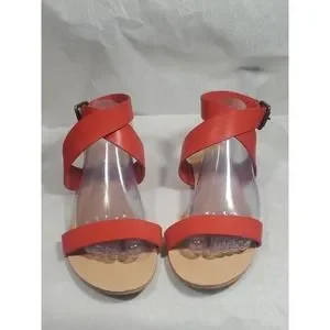 Loft Size 9M Red Faux Leather Open Toe Criss Cross Strap Stack Heel Sandals