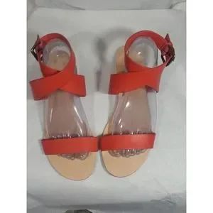 Loft Size 9M Red Faux Leather Open Toe Criss Cross Strap Stack Heel Sandals
