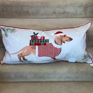 Long feather dachshund holiday themed pillow with handcrafted details