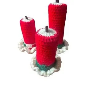 Lot Of 3 Vintage 3D Crochet Christmas Candles Holiday Decor Seasonal Retro 1900s