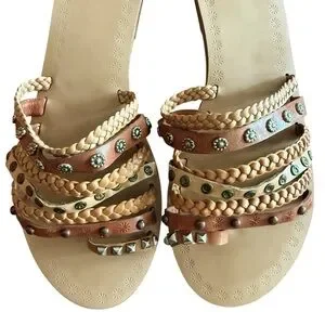 Lucky Brand Brown And Tan Vintage Boho Braided & Studded Slip On Toe Sandals