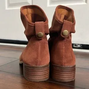 LUCKY BRAND Lollin Suede Bootie Sz 8 Stacked Heel In Brandy Boho Festival Rodeo