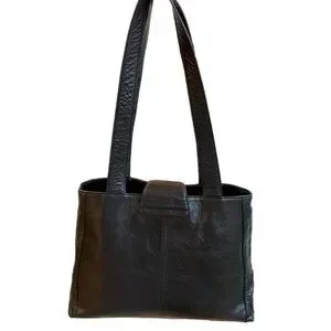 M London Black Leather 2 Strap Shoulder Bag Satchel Tote Purse