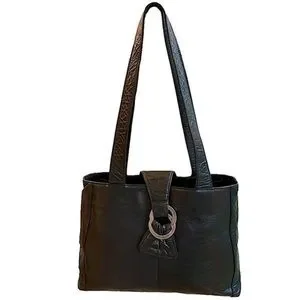 M London Black Leather 2 strap shoulder bag satchel tote Purse