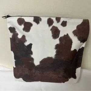 Makeup Bag- Cow Print On Canvas NIP Open Interior 7Hx8.75Lx2D” Great Gifts