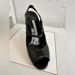 Manolo Blahnik Black Leather Printed Slingback Peep Toe Pumps – Size 36.5