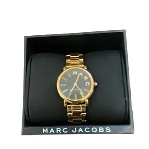 Marc By Marc Jacobs Womens Classic Rainbow Crystal Black Dial Gold Tone Watch