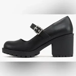 Mary Jane Round Toe Chunky Block Heel Lug Sole Pump Adj. Strap Faux Leather 10
