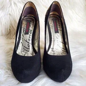 Material Girl Black Suede Gold Rhinestone Platform Heels SZ 10