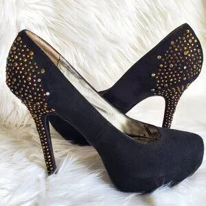 Material Girl Black Suede Gold Rhinestone Platform Heels SZ 10