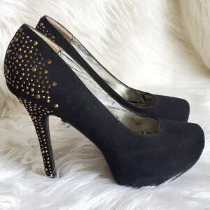 Material Girl Black Suede Gold Rhinestone Platform Heels SZ 10
