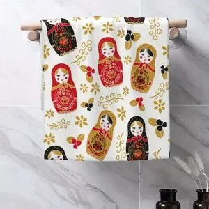 Matroyshka Nesting Doll Hand Towel Red Black Beige 18 X 26-in Polyester NEW