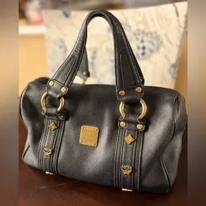 MCM Calfskin Studded Boston Bag Black Authentic