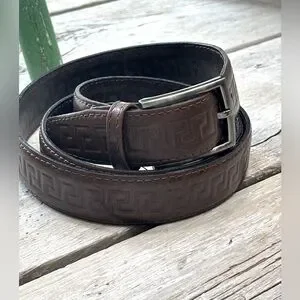 Meander Leather Belt W/ Embossed Textured Pattern. Medium Brown. 45.5” L