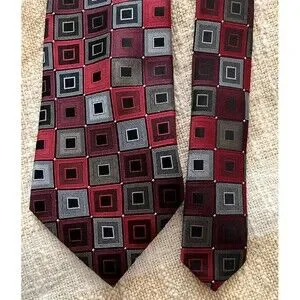 Men's Calvin Klein Silk Business Tie Ruby Red Grey Black Geometric Blocks