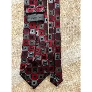 Men's Calvin Klein Silk Business Tie Ruby Red Grey Black Geometric Blocks
