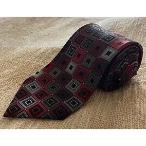 Men's Calvin Klein Silk Business Tie Ruby Red Grey Black Geometric Blocks