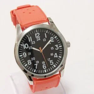 Men's Quartz Field Watch Silver Case Orange Tropical Rubber Strap 42mm