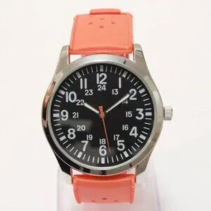 Men's Quartz Field Watch Silver Case Orange Tropical Rubber Strap 42mm