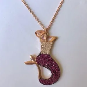 Mermaid 925 silver necklace white pink cz stones 14K rose gold plated