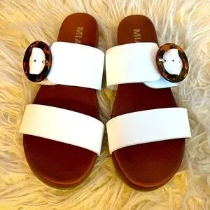 Mia White Slide On Sandals With Brown Buckle