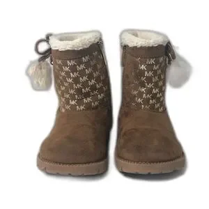 MICHAEL KORS Boots Toddler Size 7 Brown Gold MK Logo Pom Poms Payson