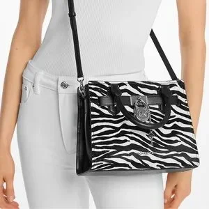 Michael Kors Hamilton Small Zebra Print Calf Hair Satchel Bag Black Multi