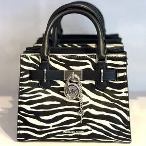 Michael Kors Hamilton Small Zebra Print Calf Hair Satchel Bag Black Multi