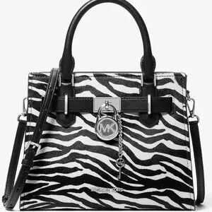 Michael Kors Hamilton Small Zebra Print Calf Hair Satchel Bag Black Multi