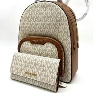 Michael Kors Jaycee Medium Logo Backpack & Matching Double Zip Wallet Vanilla