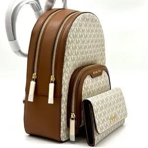 Michael Kors Jaycee Medium Logo Backpack & Matching Double Zip Wallet Vanilla