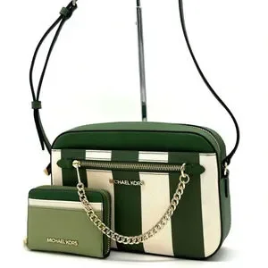 Michael Kors Large EW Zip Chain Crossbody Bag & MD ZA Card Case Wallet Green