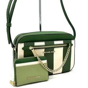 Michael Kors Large EW Zip Chain Crossbody Bag & MD ZA Card Case Wallet Green