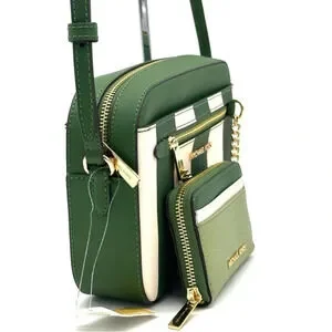 Michael Kors Large EW Zip Chain Crossbody Bag & MD ZA Card Case Wallet Green