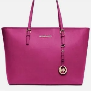 Michael Kors Large Jet Set Travel Fushchia Pink Saffiano Leather Tote Bag Purse