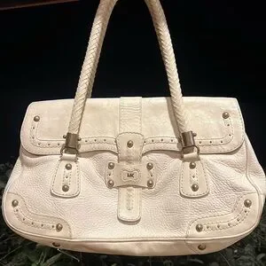 Michael Kors Leather Satchel Cream Braided Handles Stud Accents