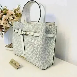 Michael Kors Purse & Wallet Emilia Small Satchel Light Cream MK Signature